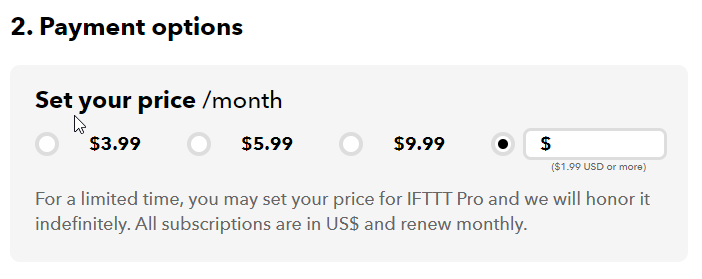 IFTTT Pro Subscription Payment Options