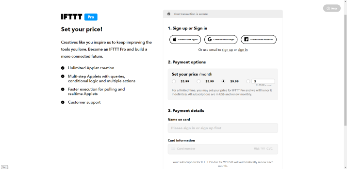 IFTTT Pro Subscription Payment Page