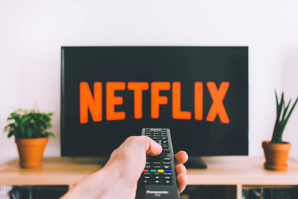 hand holding a tv remote while the Netflix logo projects on screen