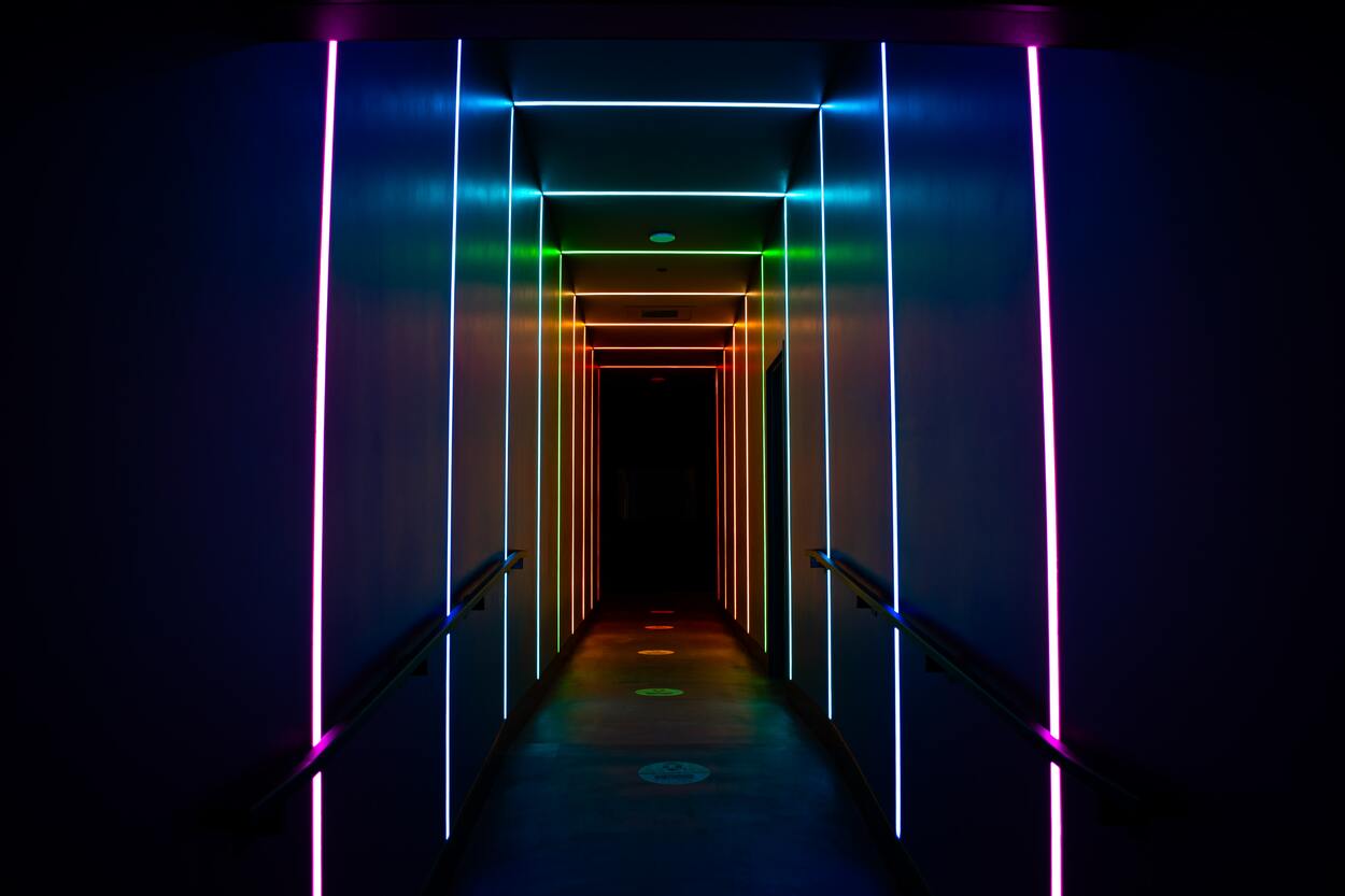 multi colored LEDs in a hallway
