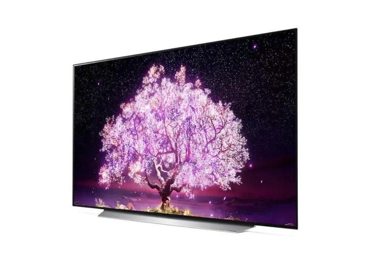 LG OLED Tv screen showing beautiful purple tree.