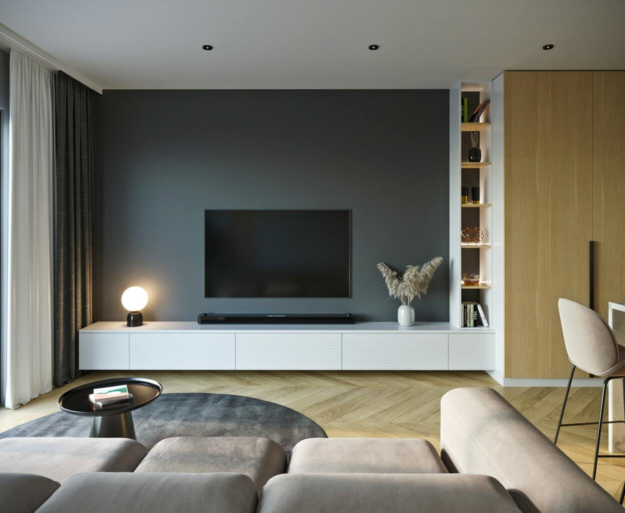 A flat smart screen TV mounted on a wall of an aesthetic room. 
