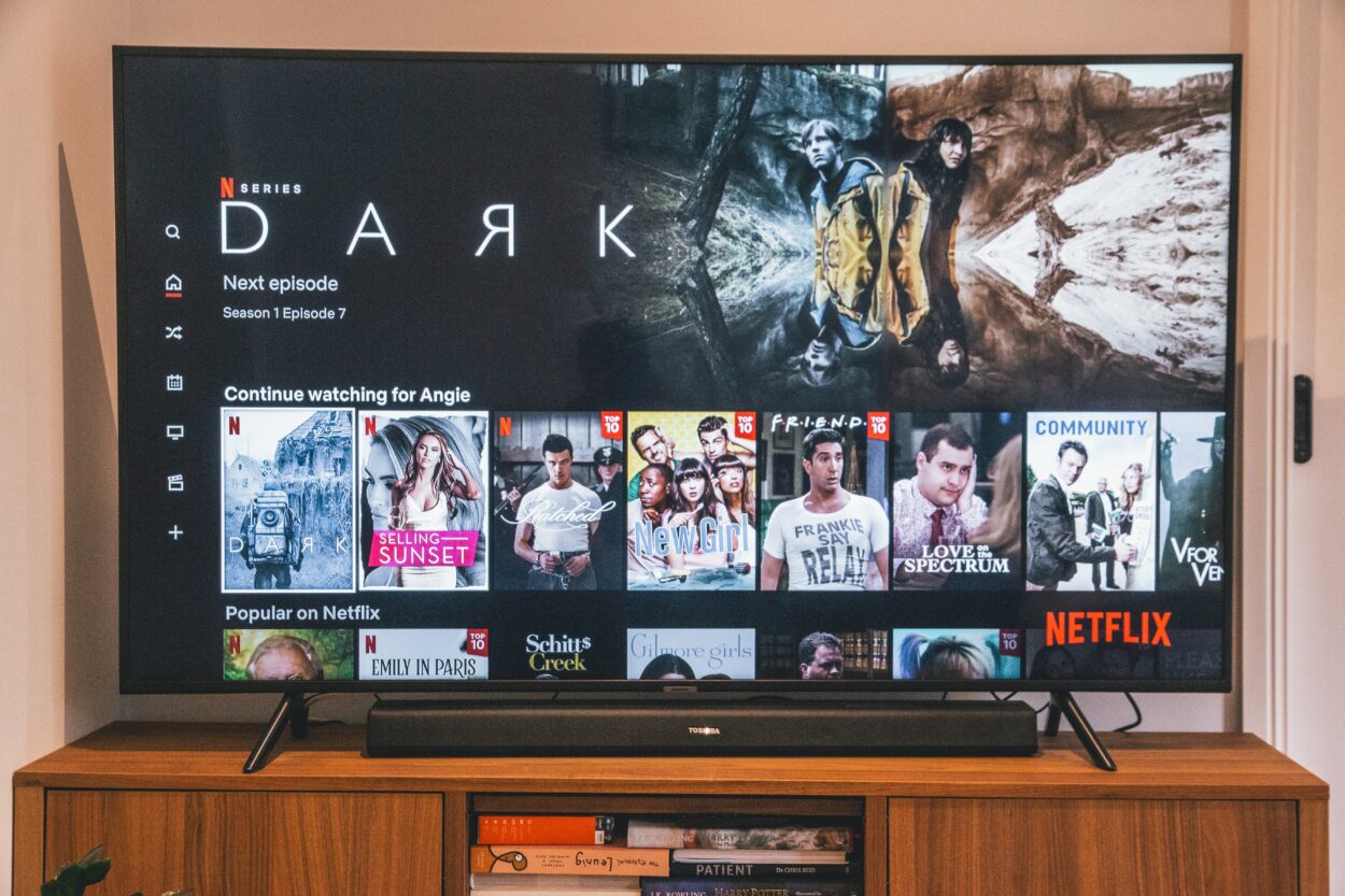 A flat screen displaying the home page of Netflix