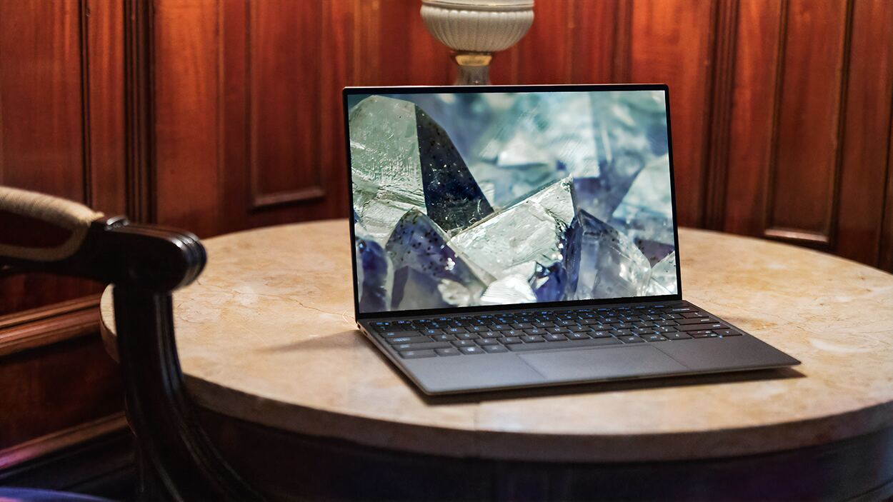 Dell laptop on a table.