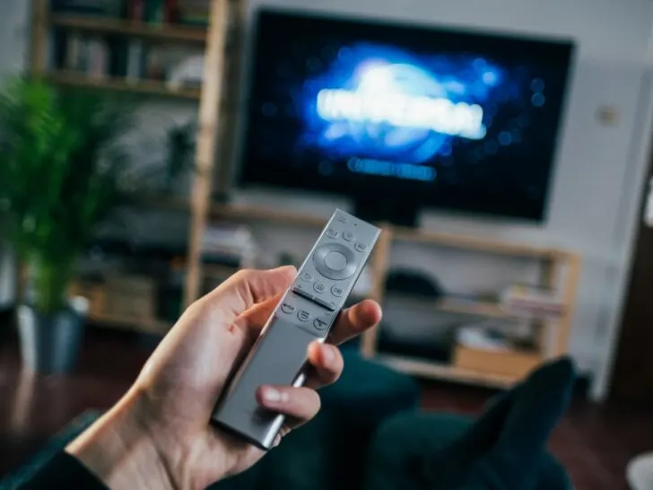 A person holding the remote and pointing it towards the TV