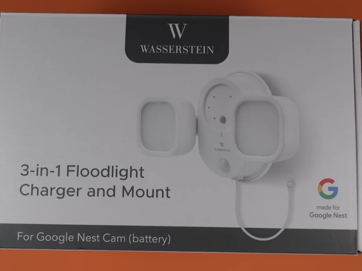 The box of Wasserstein 3-in-1 floodlight, charger, and mount
