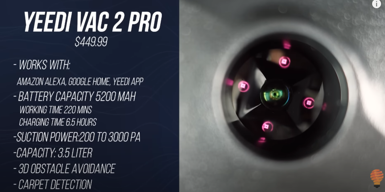 A photograph showing specs of Yeedi Vac Pro 2 along with its image on the right side