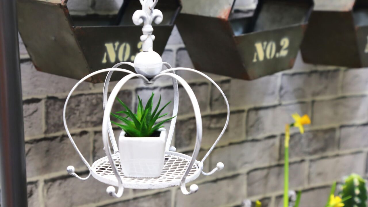 Plant hanging on a metal white stand.