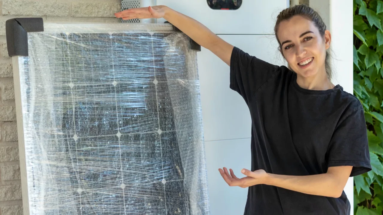 young woman labourer showing and pointing the new solar panels