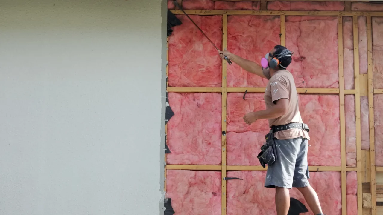 Builder removing old fiberglass wall insulation