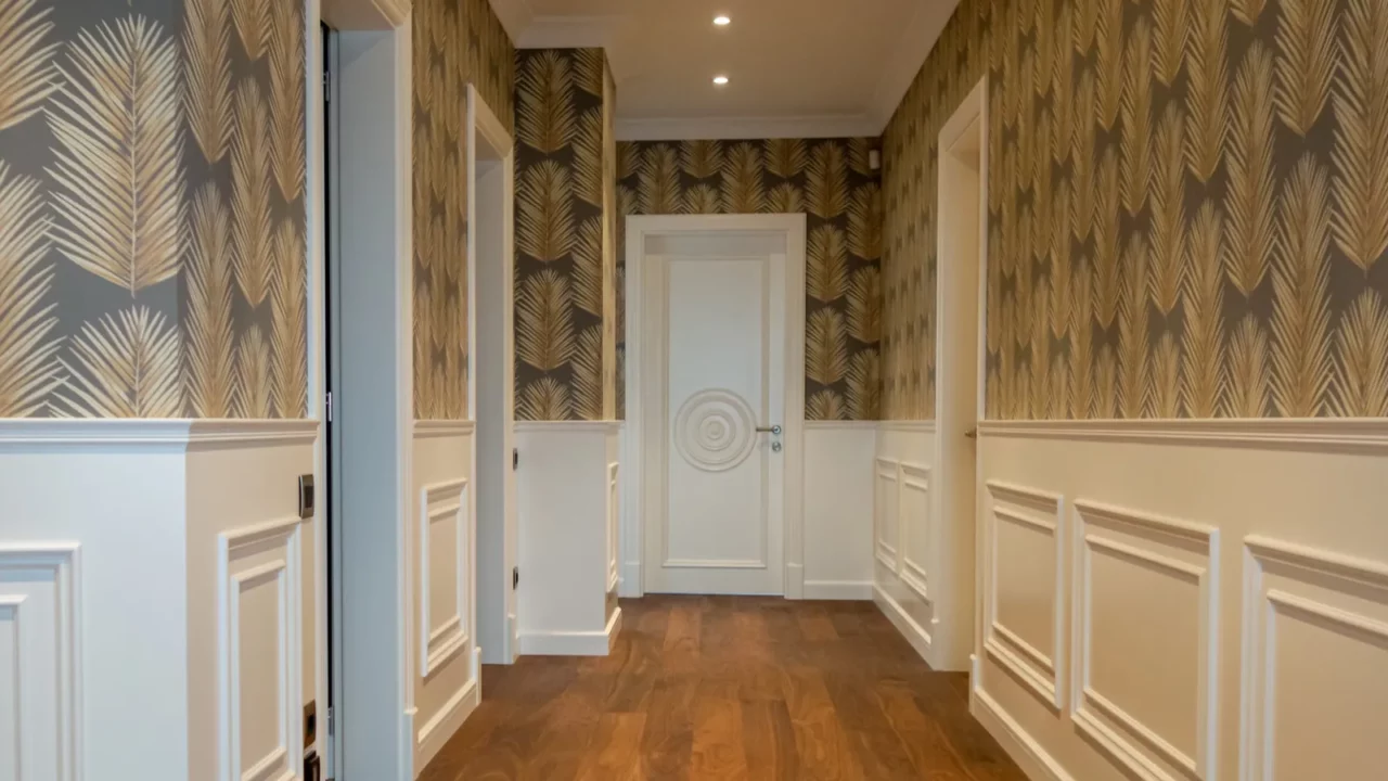 Classic interior inside a residential building. White wall panels and doors with platbands.