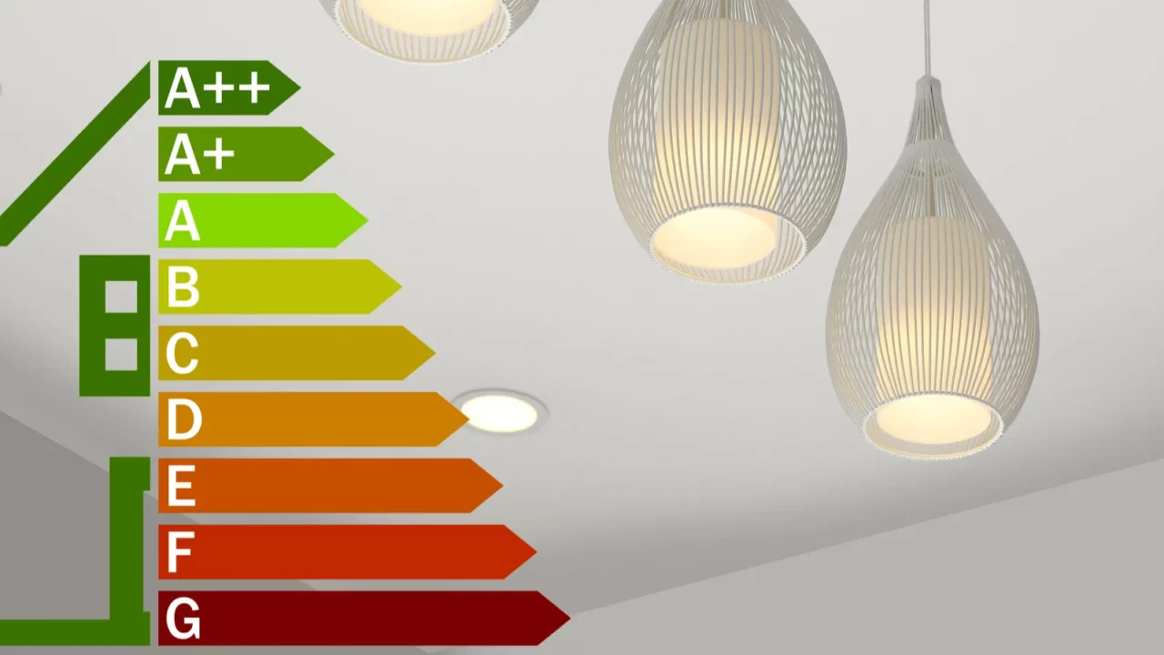 energy efficiency rating label and pendant lamp on ceiling indoors