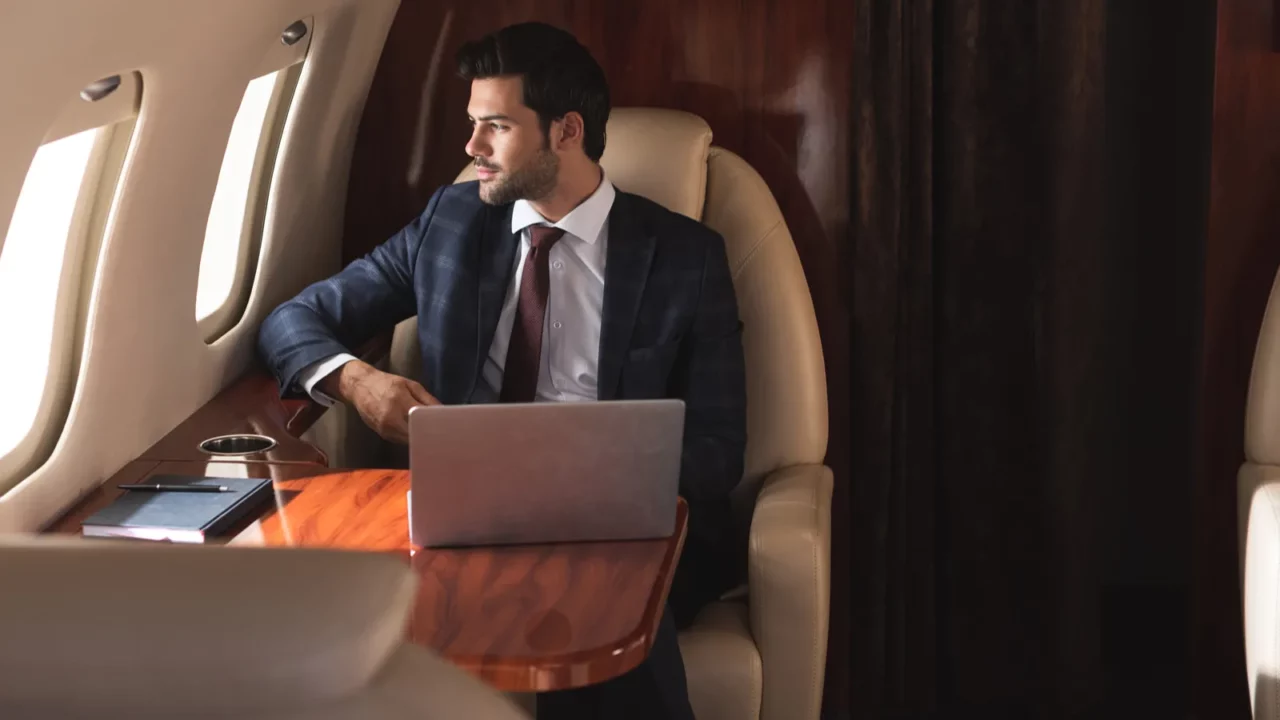 handsome businessman working with laptop in plane during business trip