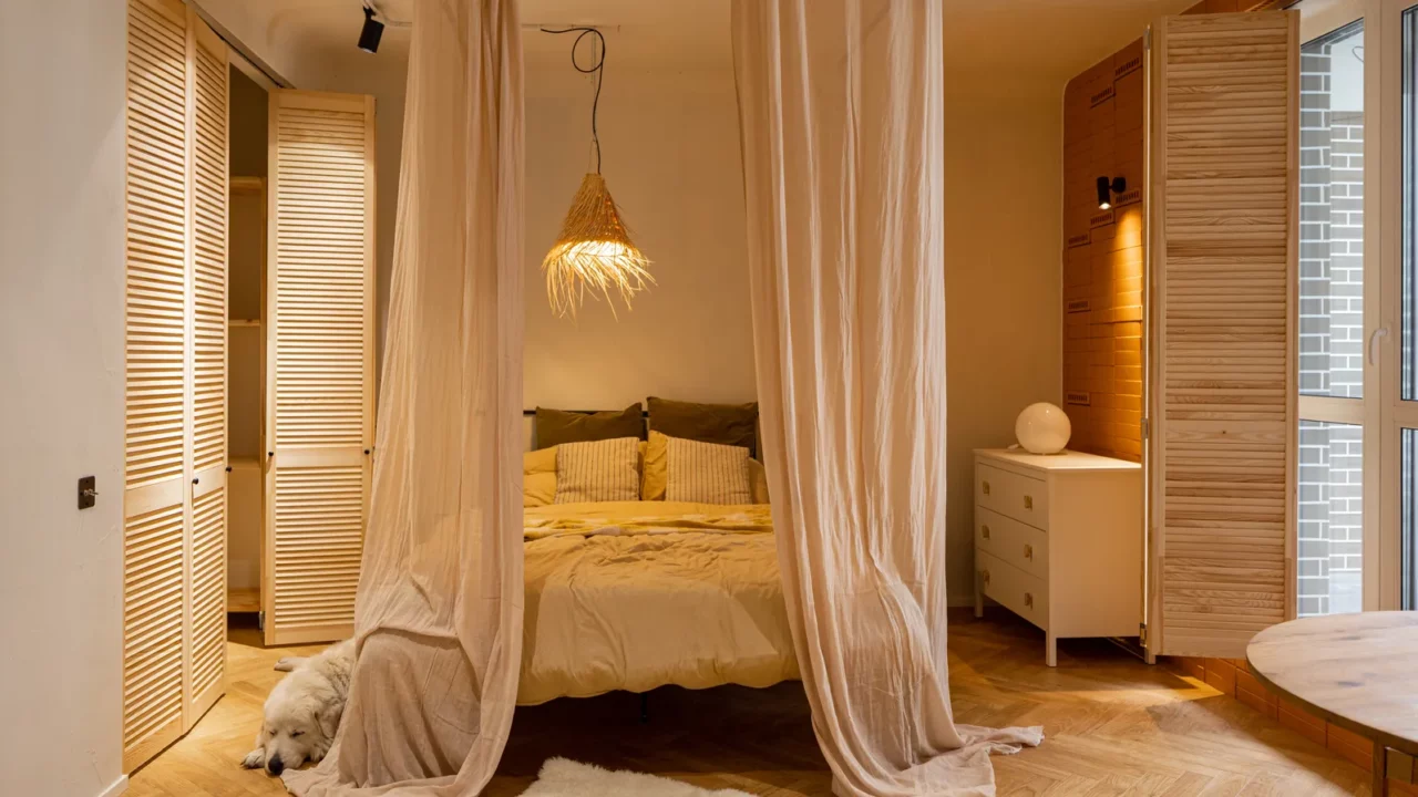 interior view of stylish studio apartment in beige tones made