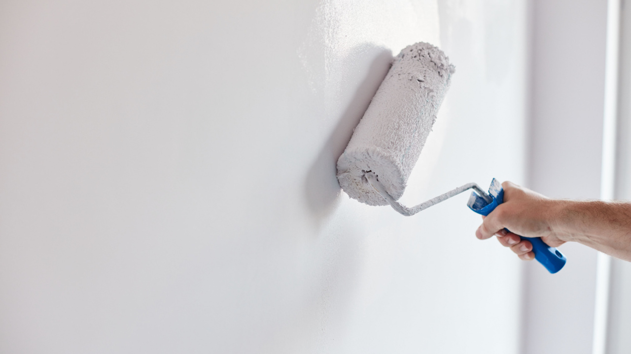 Male hand painting wall with paint roller