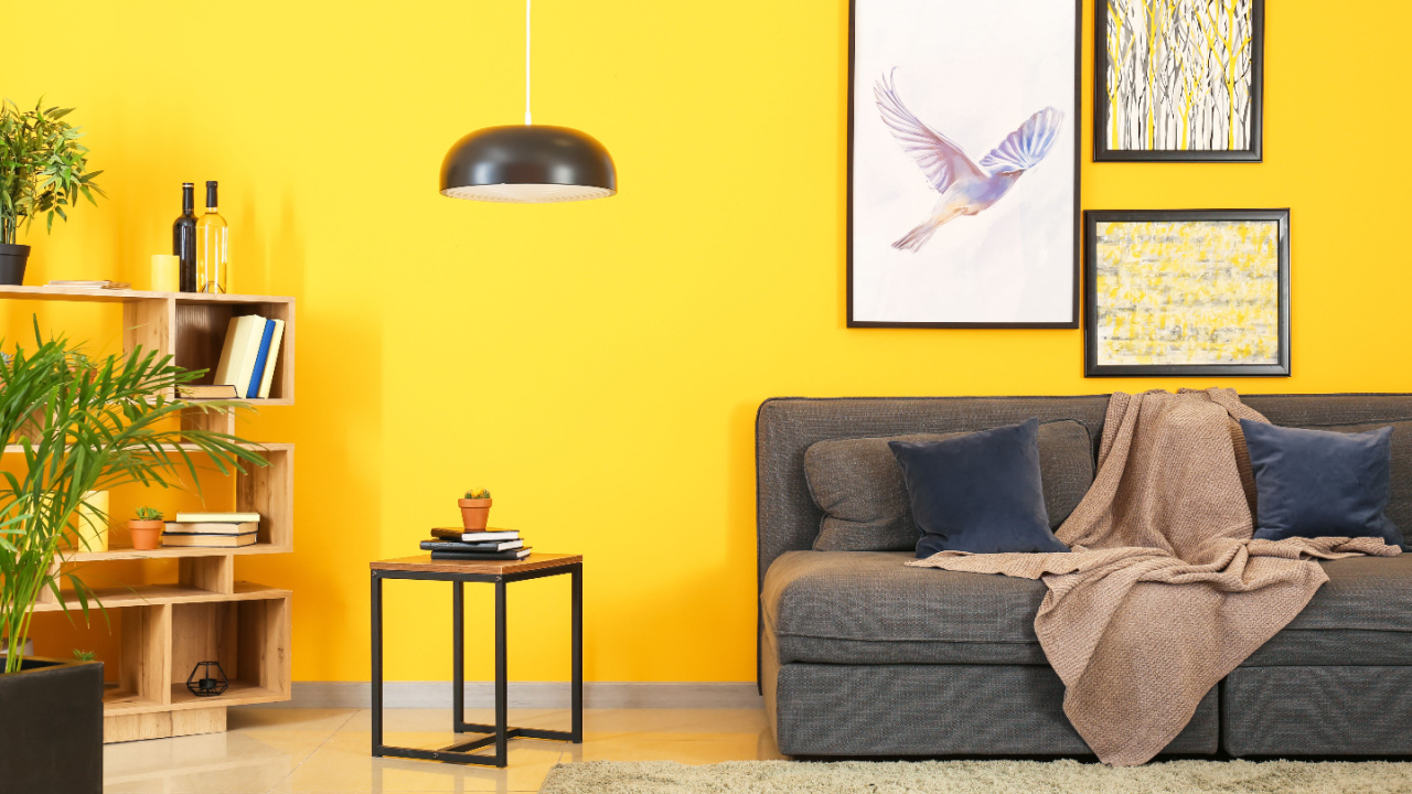 Stylish interior of living room near yellow wall
