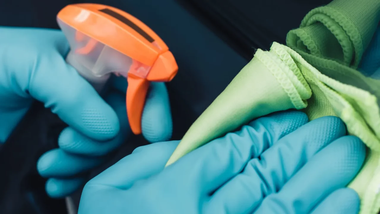 cropped view of car cleaner holding spray bottle and wiping