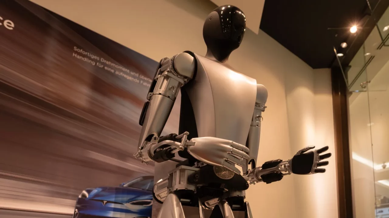 Futuristic humanoid robot named tesla bot optimus designed by tesla