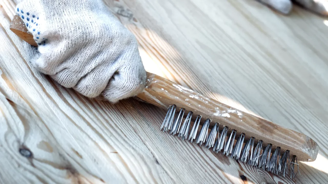 metal brush in hand on a wooden background