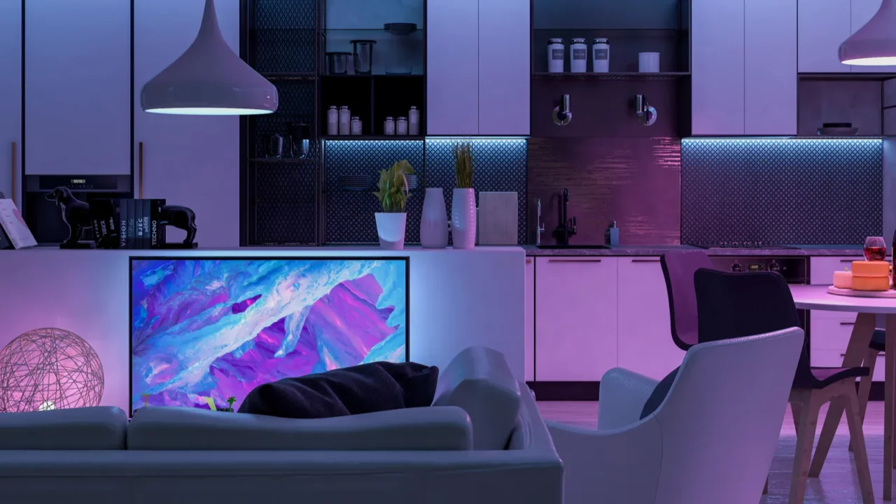 Modern living room with colored led light smart home