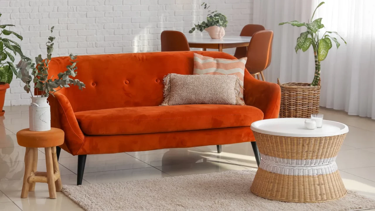 A bright living room with an orange sofa, potted plants, a small table, and a dining set in the background.