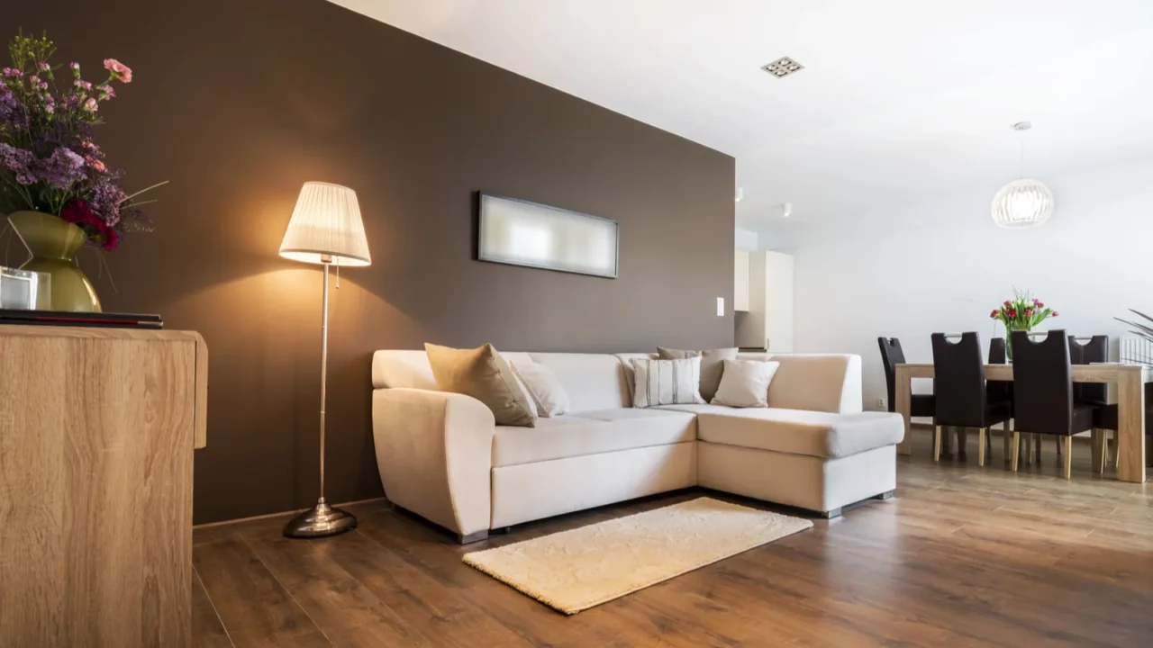 modern living room with kitchen