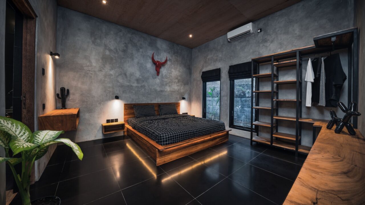 Luxury dark bedroom with modern wooden bed in loft style interior design room.
