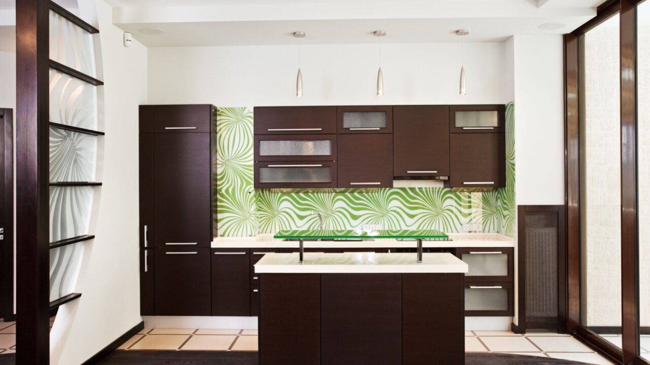 Modern kitchen (studio) interior with dark wooden floor, front view