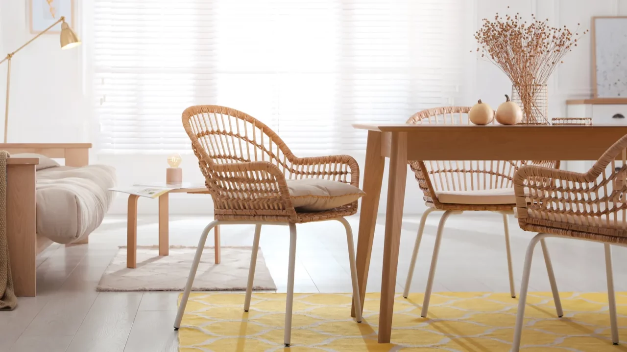 dining room interior with wooden table and wicker chairs