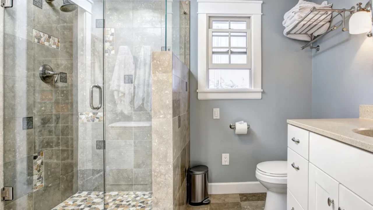 modern bathroom interior with glass door shower