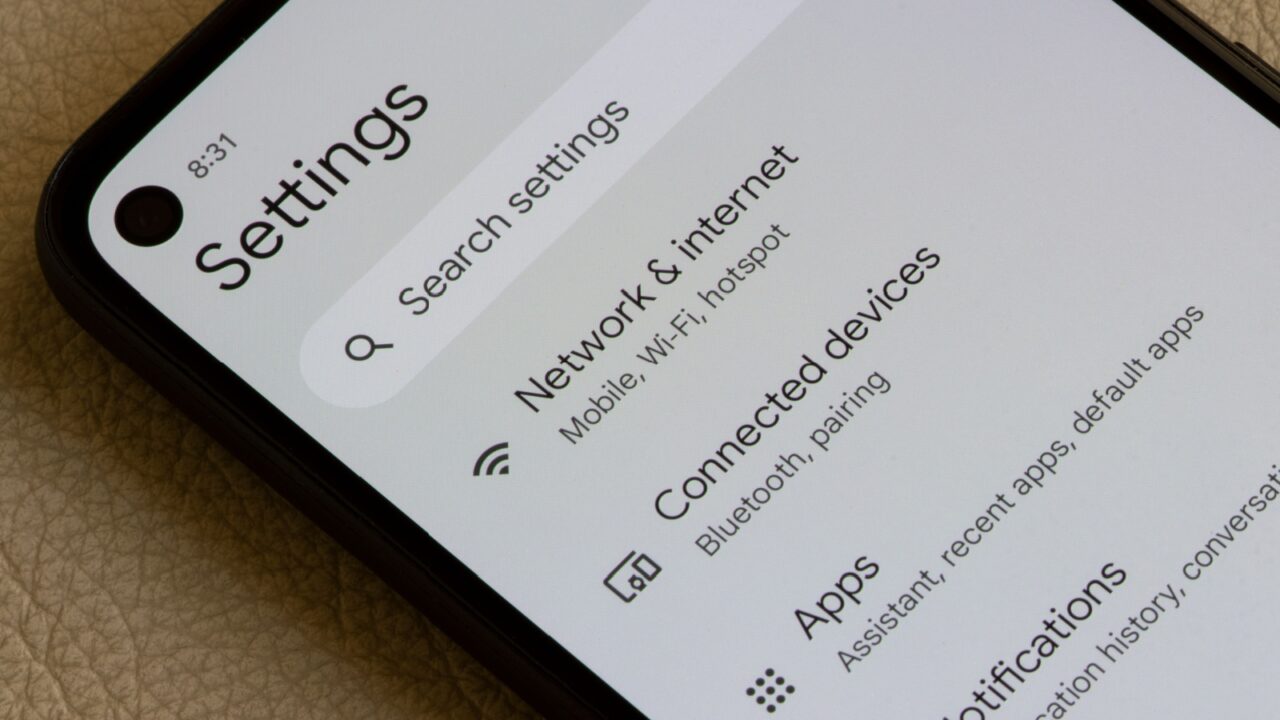 The user interface of the android settings app,