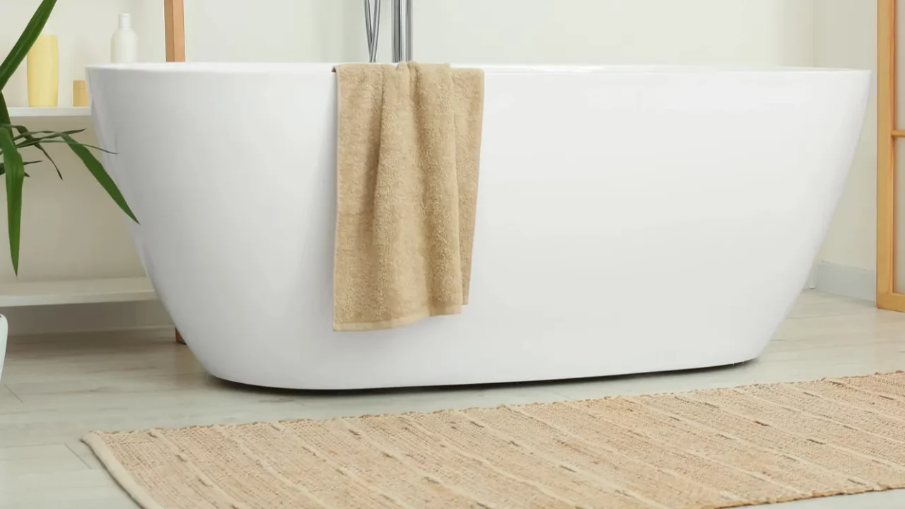 stylish bathroom interior with beautiful tub and houseplants