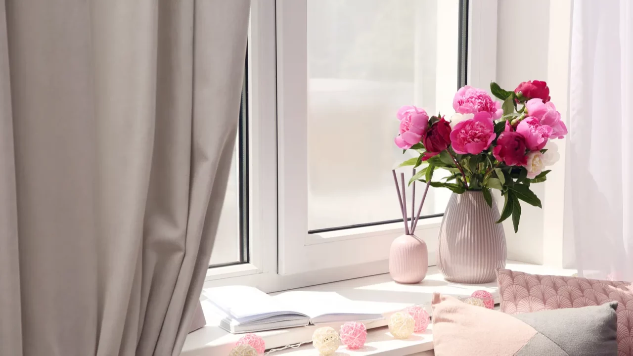 comfortable place for rest with cushions and peony flowers near