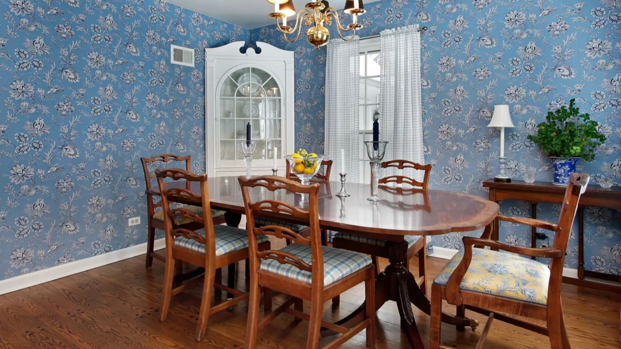 dining room with blue wallpaper