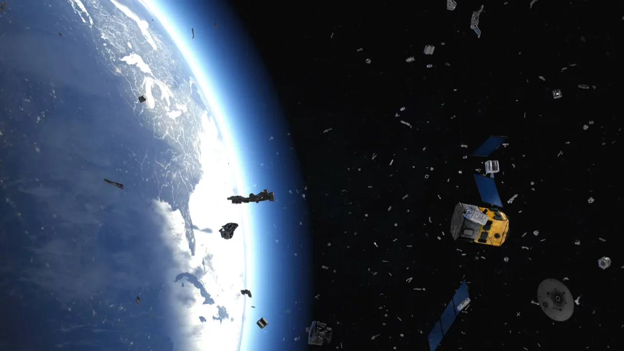 Space debris from defective satellite due to orbital collisions.