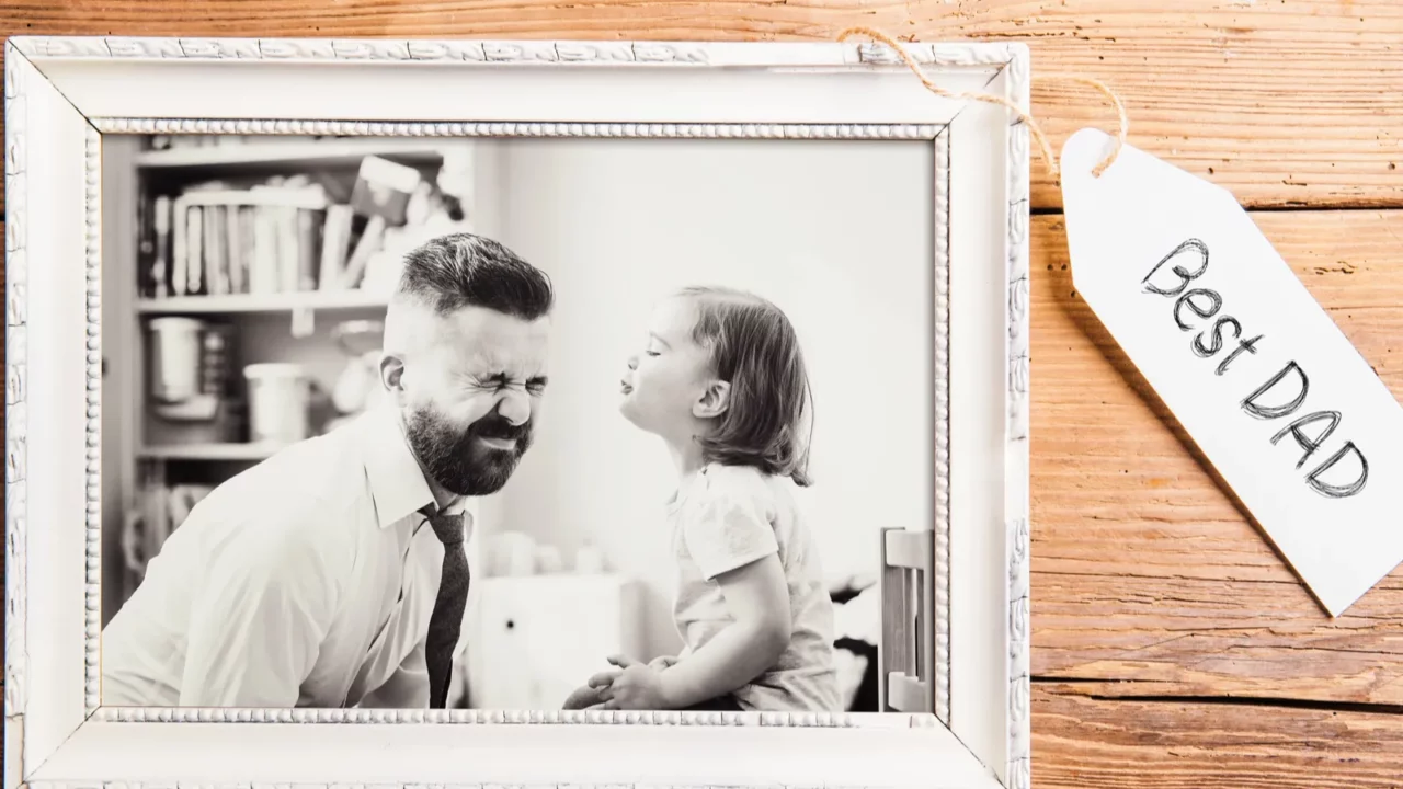 fathers day composition picture frame wooden background