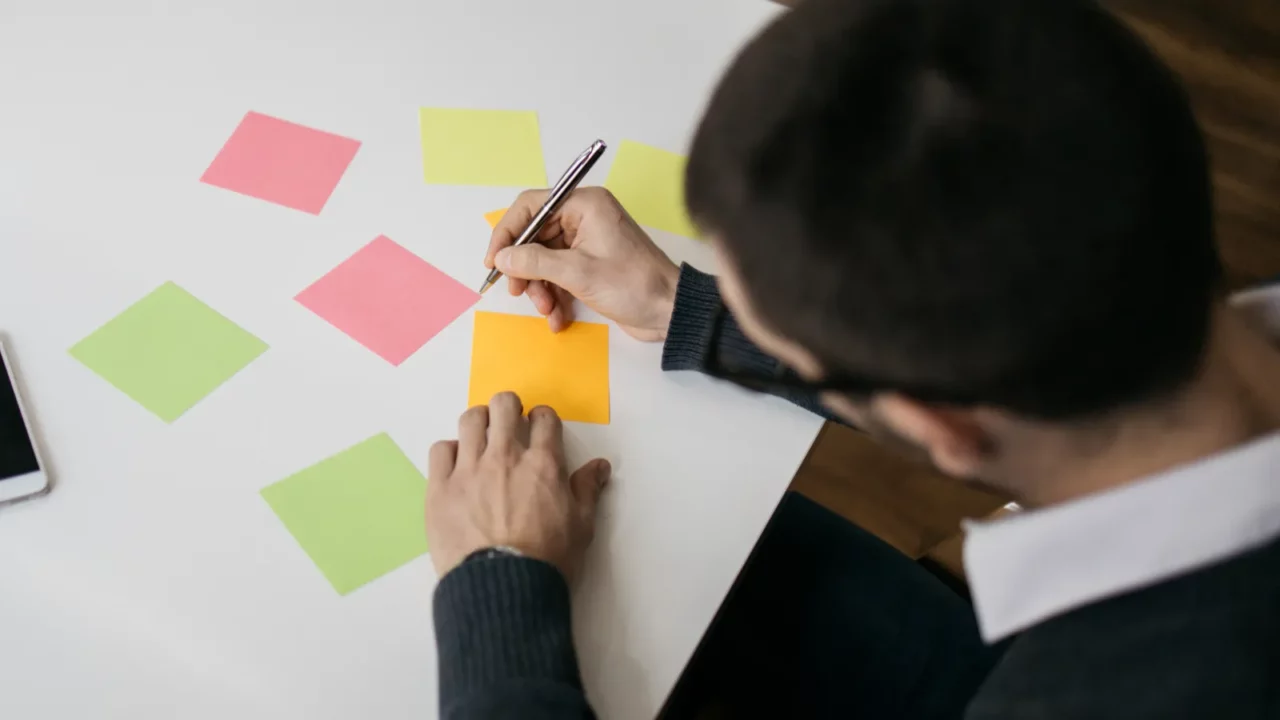 top view of sticky notes and phone on desk