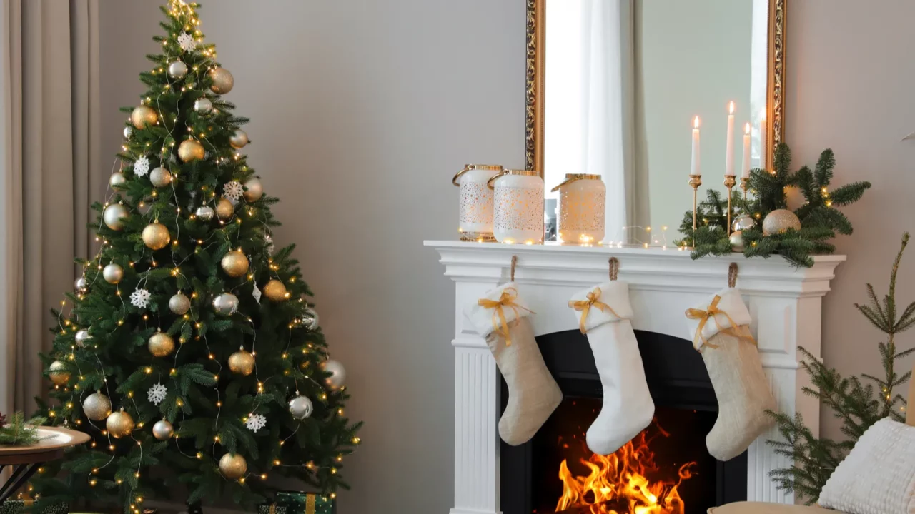 beautiful living room interior with burning fireplace christmas celebration
