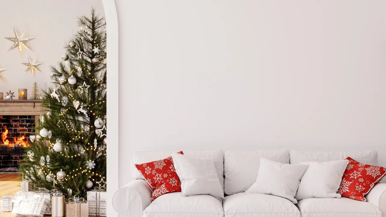 christmas interior with fireplace and big christmas tree with presents