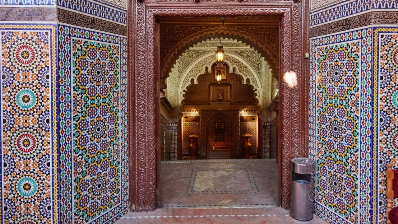 moroccan painted doors and marble hallway location interior in marrakech