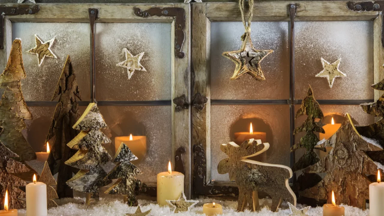 natural handmade christmas decoration of wood outdoor in the win