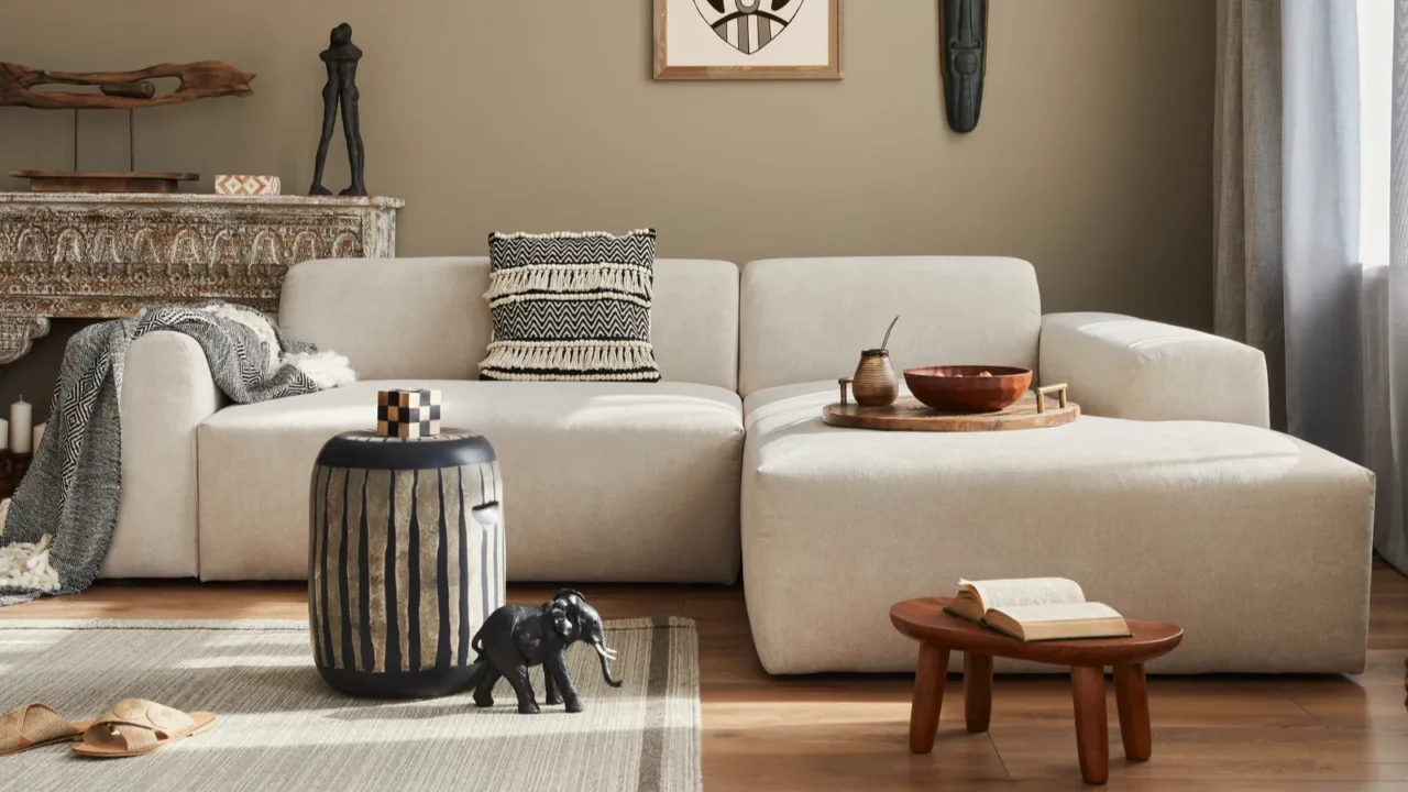 stylish ethnic living room interior with design modular sofa wooden