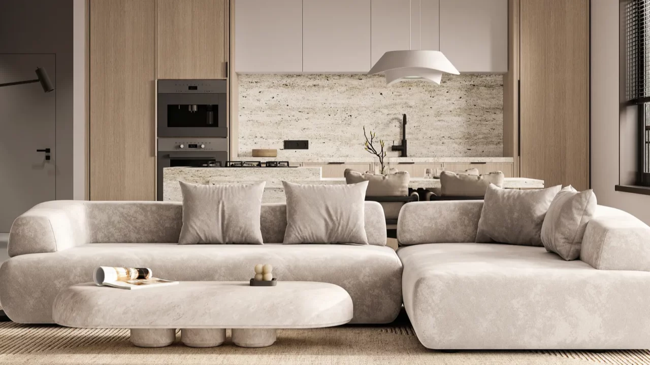 a luxurious open concept living area featuring a plush modular