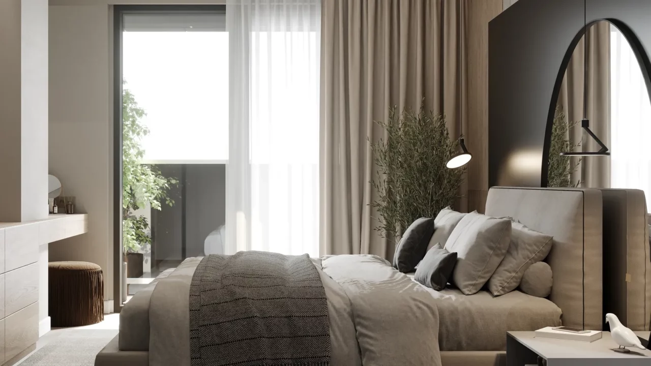 a stylish and modern bedroom featuring minimalist decor with a