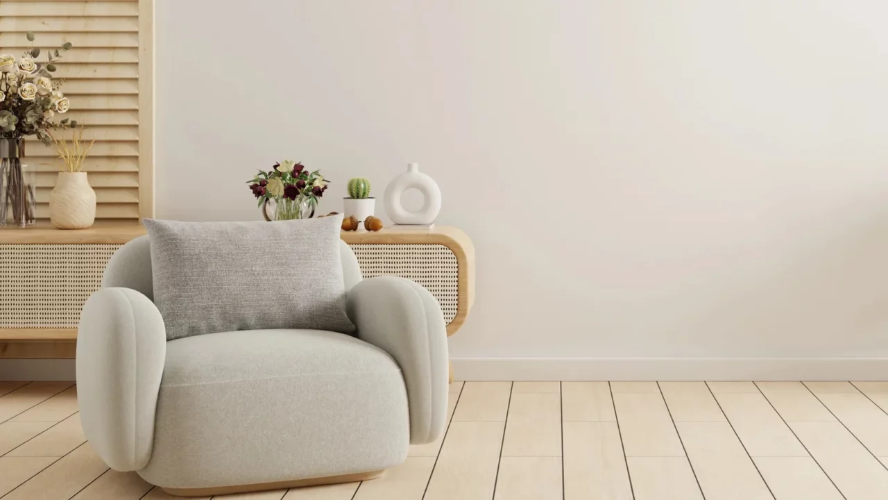 modern interior of living room with gray armchair on empty