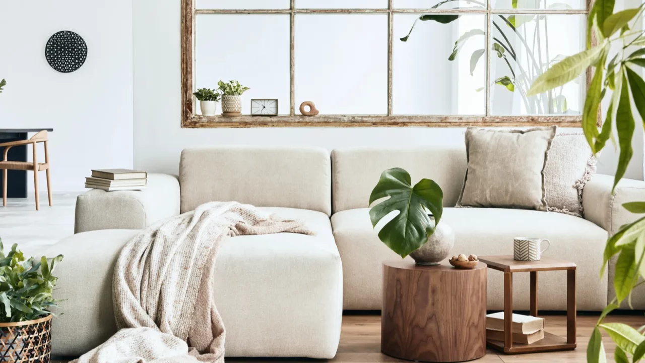 modern interior of open space with design modular sofa furniture